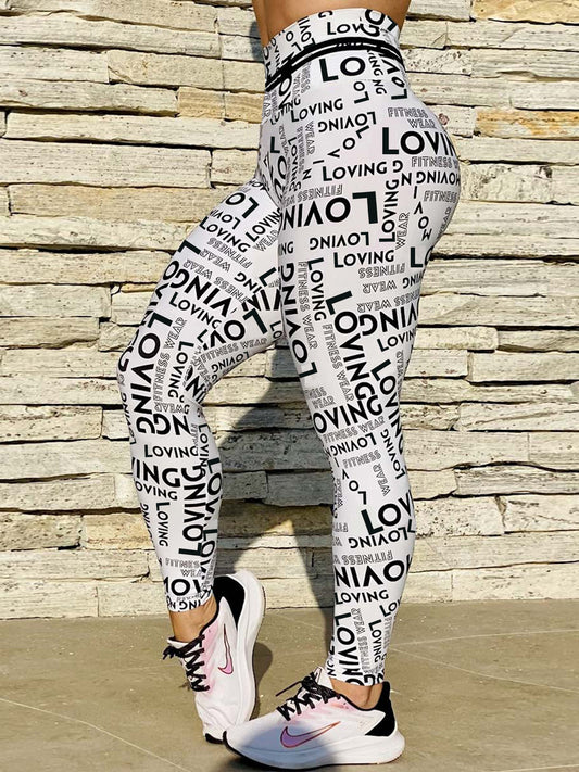 Classic Black and White Letter Print High Waist Sports Fitness Yoga Pants