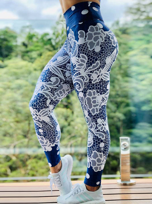 Blue Flower Print High Waist Sports Fitness Yoga Pants