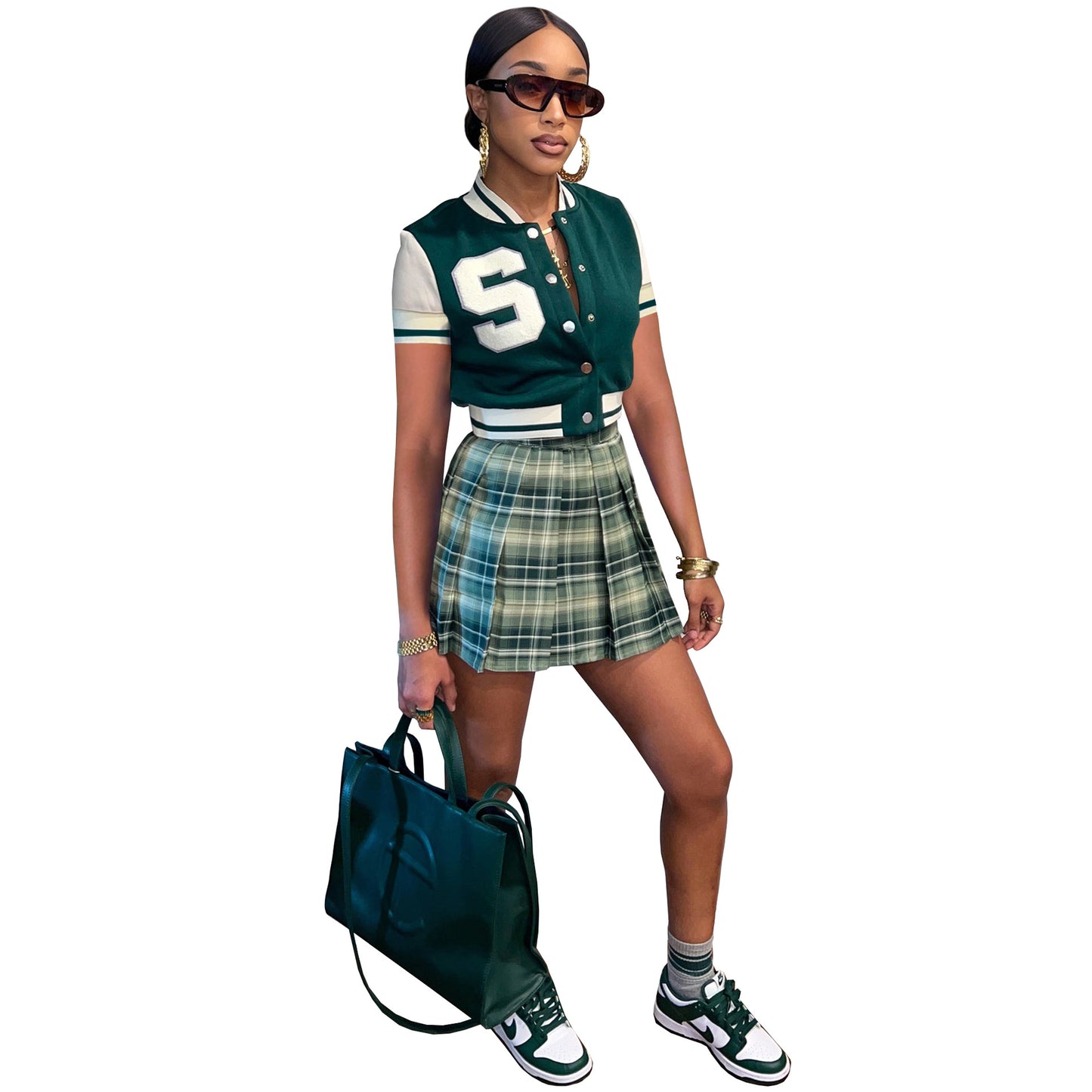 Applique Check Print Skirt Baseball Cardigan Set