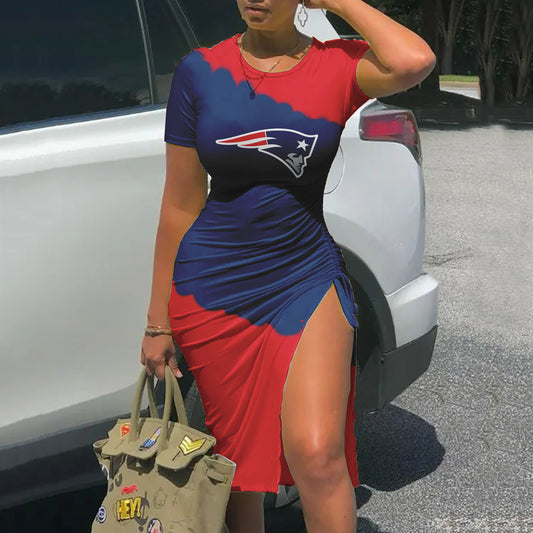 New England Patriots Printed Drawstring Sexy Slit Dress