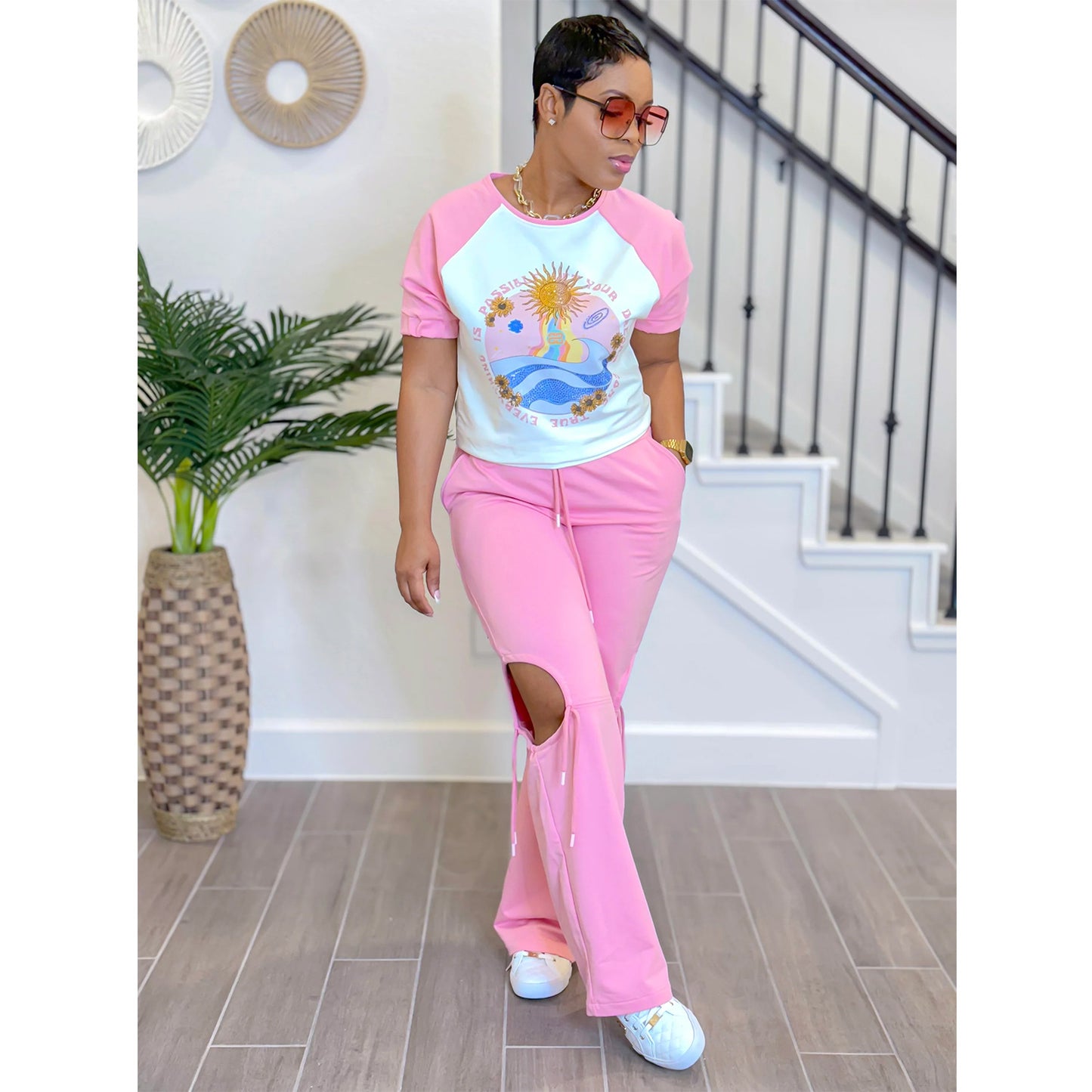 Fashion Printed Multicolor Short Sleeve Pants Set