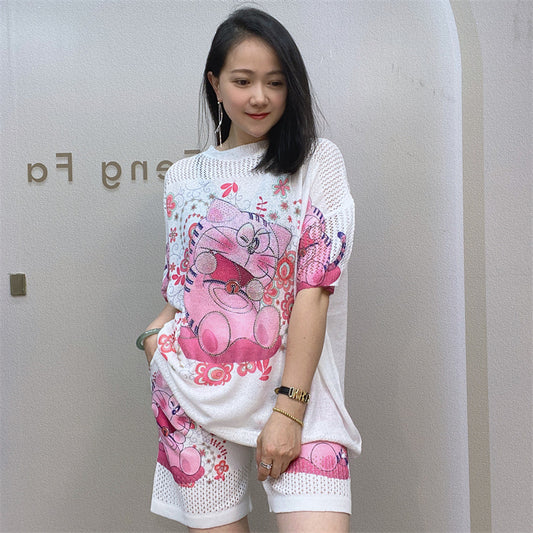 Duoduo Pink Floral Hot Diamond Short-sleeved Shorts Casual Suit