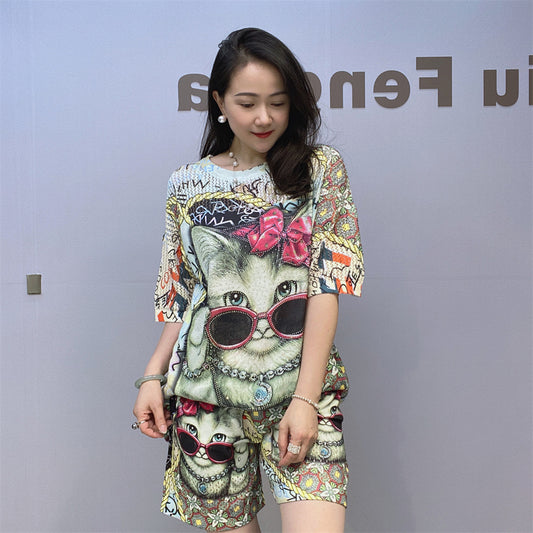 Eyeglass Cat Perm Knitted Shorts Short Sleeve Suit