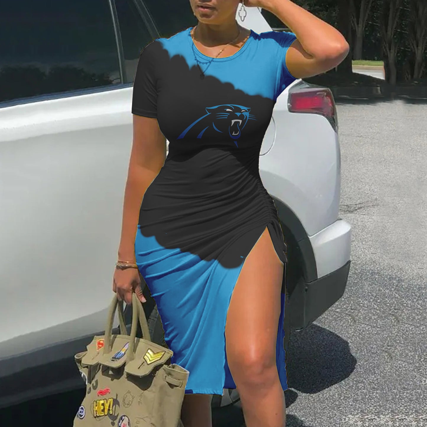 Carolina Panthers Printed Drawstring Sexy Slit Dress