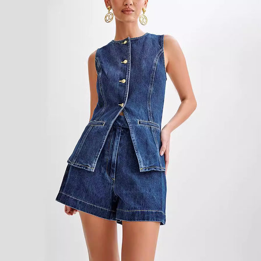 Fashion Casual Sleeveless High Waist Denim Shorts Set