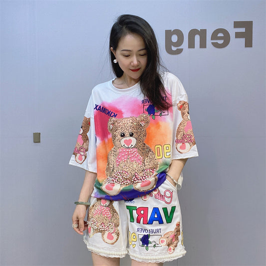 Scarf Bear Beaded Short Sleeve Shorts Casual Suit