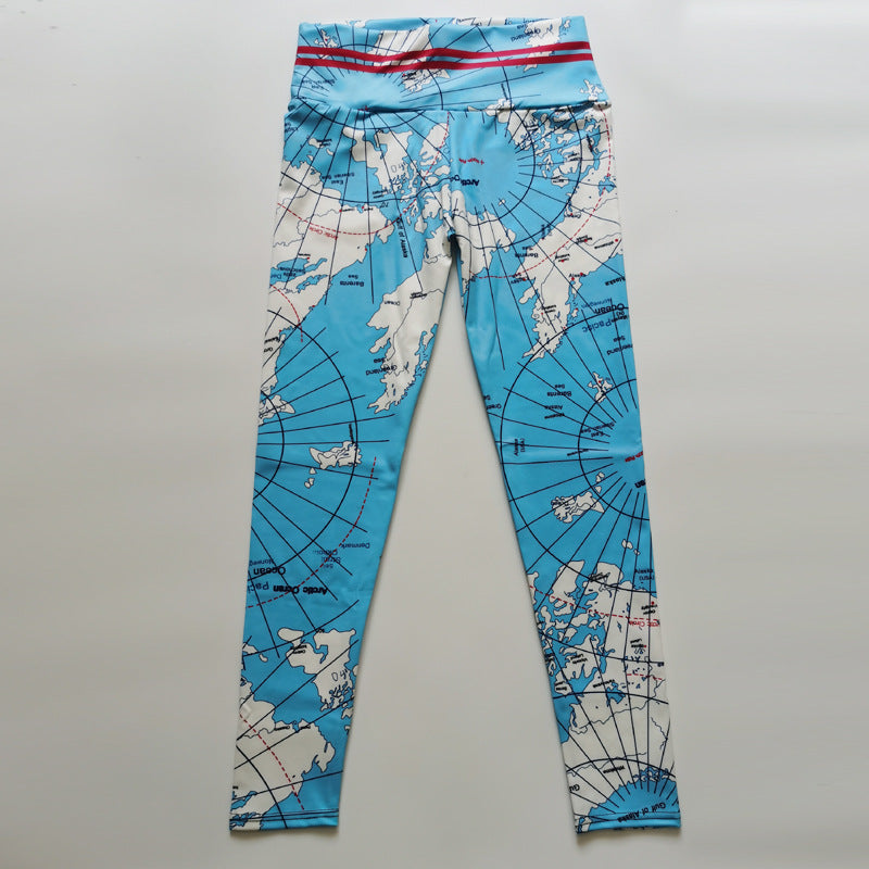 World Map Print High Waist Sports Fitness Yoga Pants