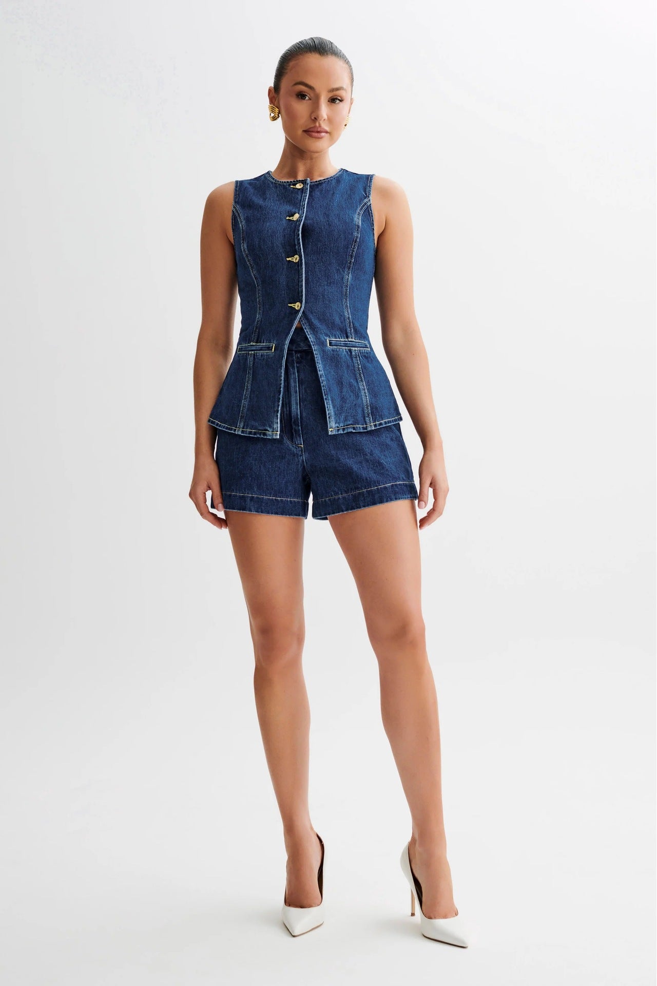 Fashion Casual Sleeveless High Waist Denim Shorts Set