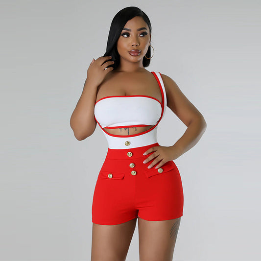 Sexy Colorblock Sleeveless Suspender Stretch Shorts Two-piece Set