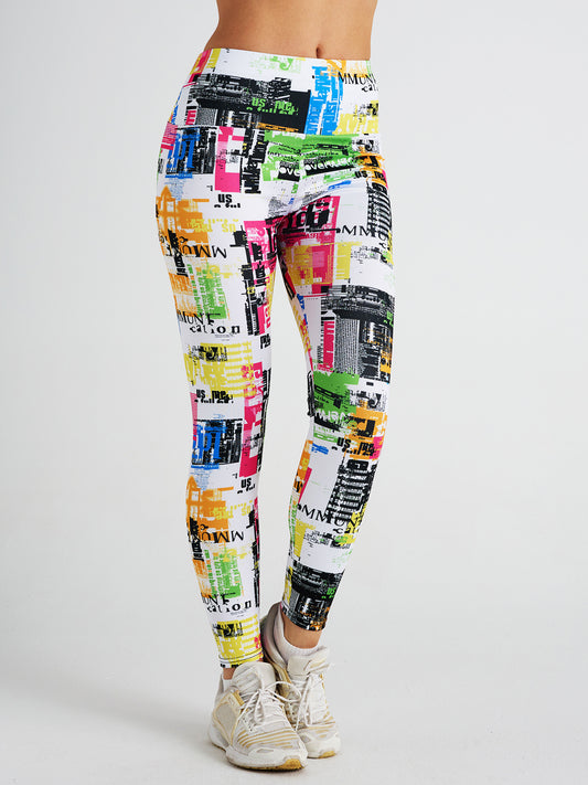 Abstract Graffiti Newspaper Print High Waist Sports Fitness Yoga Pants