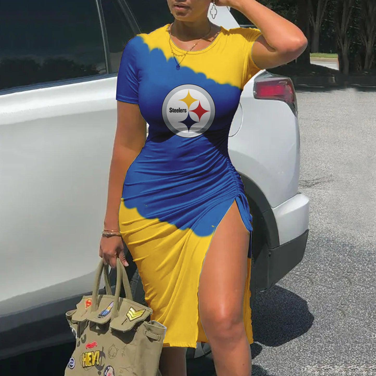 Pittsburgh Steelers Printed Drawstring Sexy Slit Dress