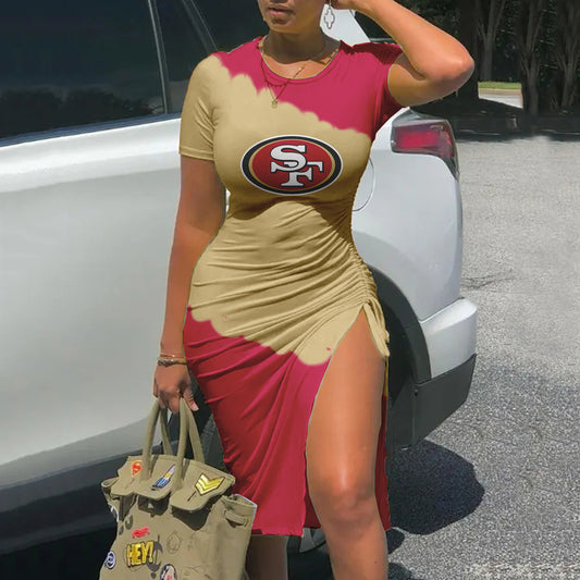 San Francisco 49ers Printed Drawstring Sexy Slit Dress