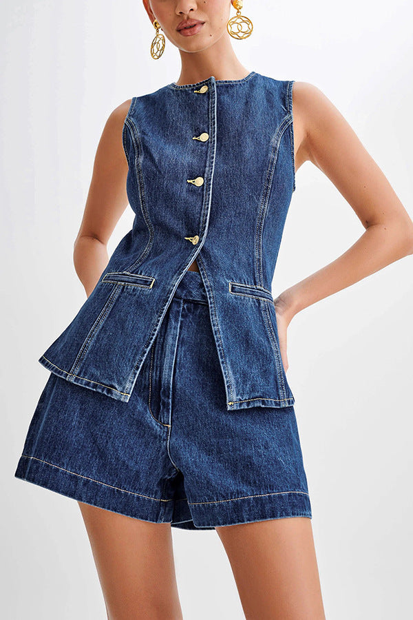 Fashion Casual Sleeveless High Waist Denim Shorts Set