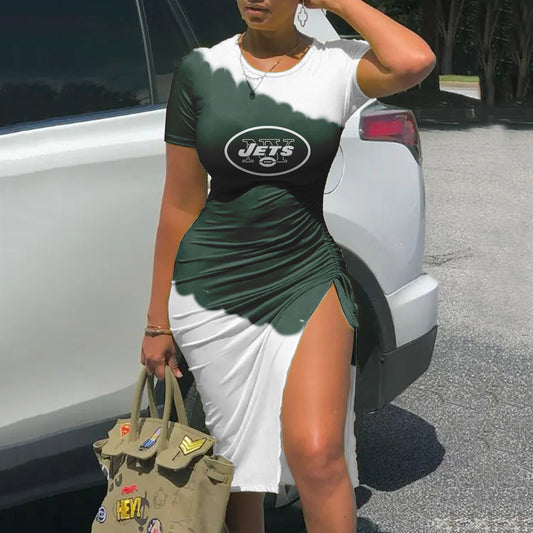 New York Jets Printed Drawstring Sexy Slit Dress