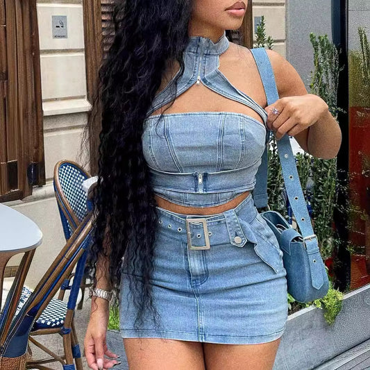 Casual Halter Neck Zipper Sexy Stretch Washed Denim Skirt Set