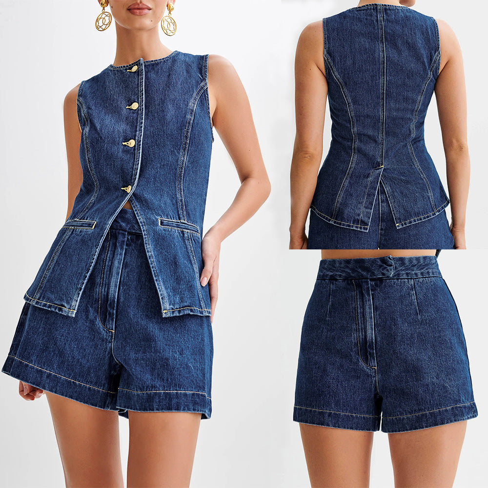 Fashion Casual Sleeveless High Waist Denim Shorts Set