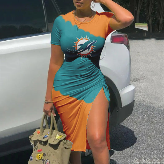 Miami Dolphins Printed Drawstring Sexy Slit Dress