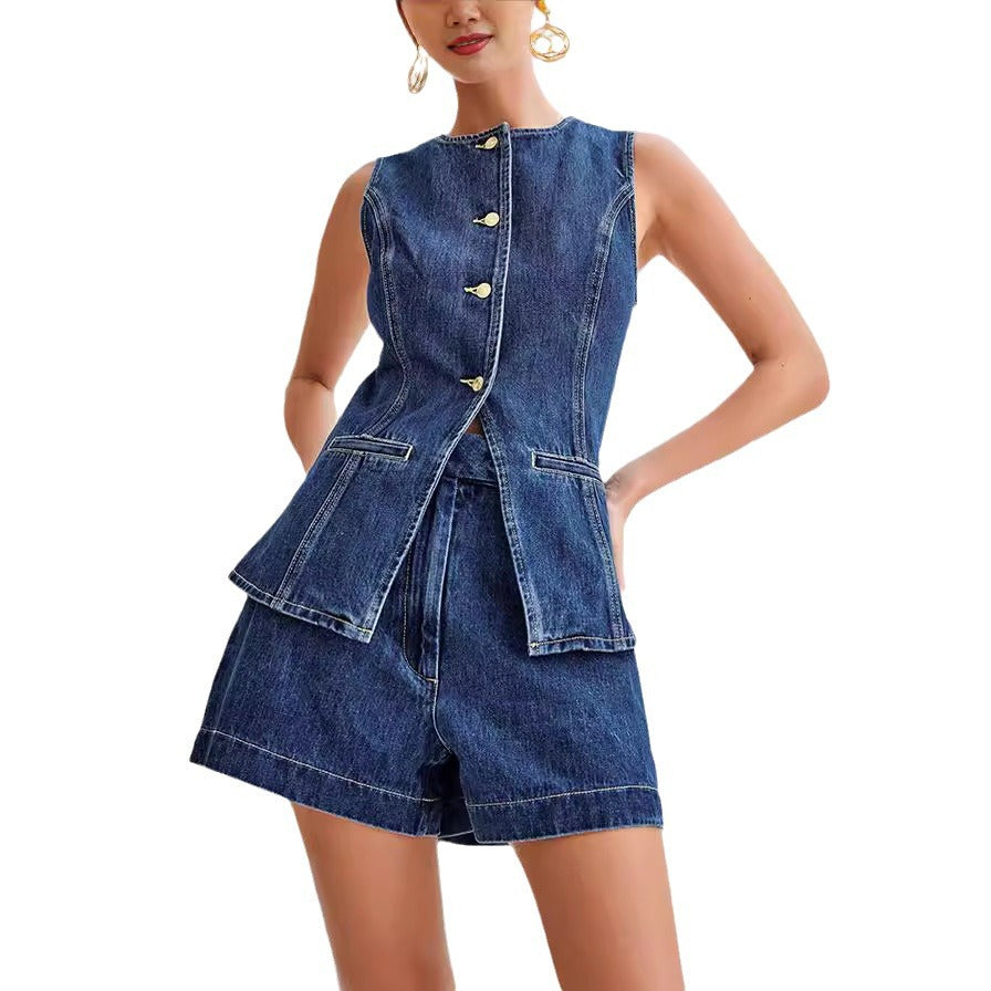 Fashion Casual Sleeveless High Waist Denim Shorts Set