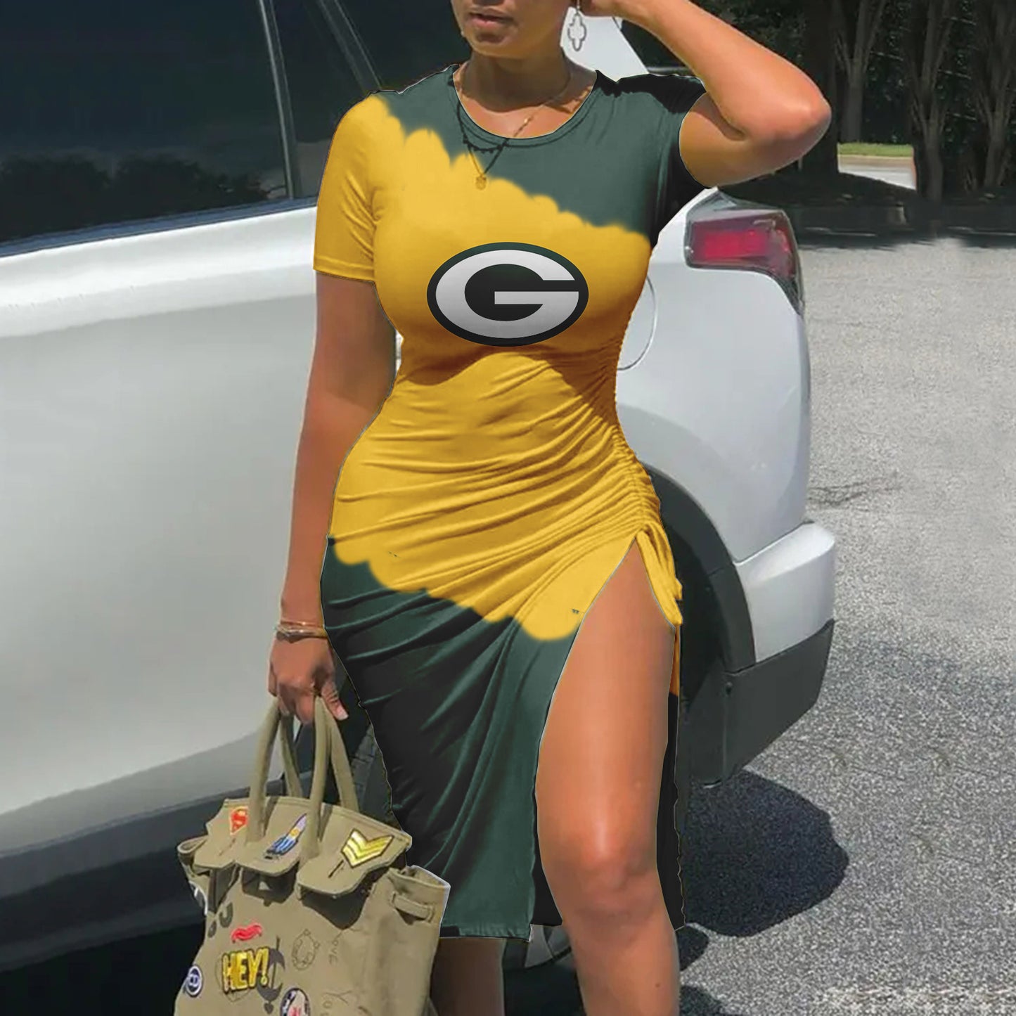 Green Bay Packers Printed Drawstring Sexy Slit Dress