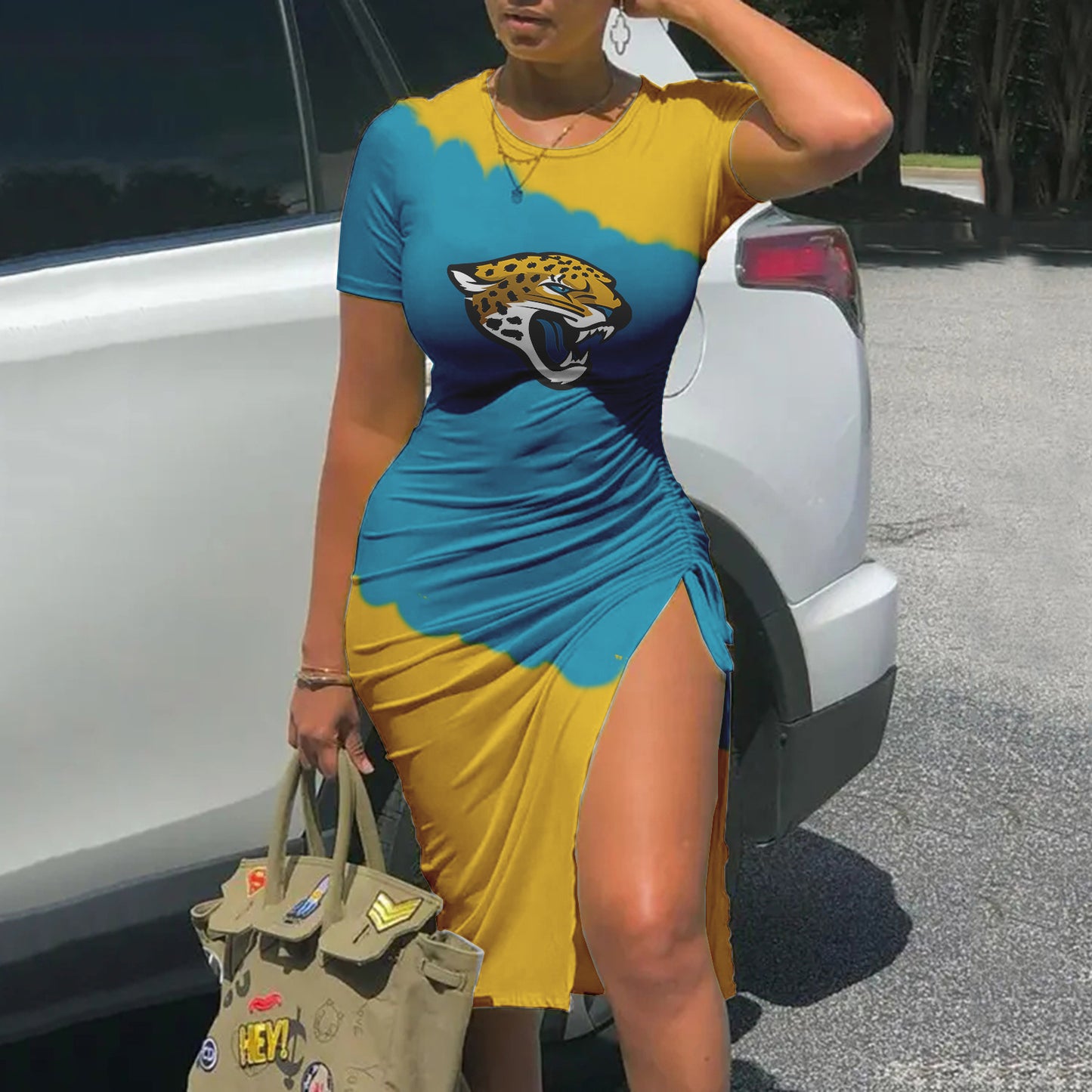 Jacksonville Jaguars Printed Drawstring Sexy Slit Dress