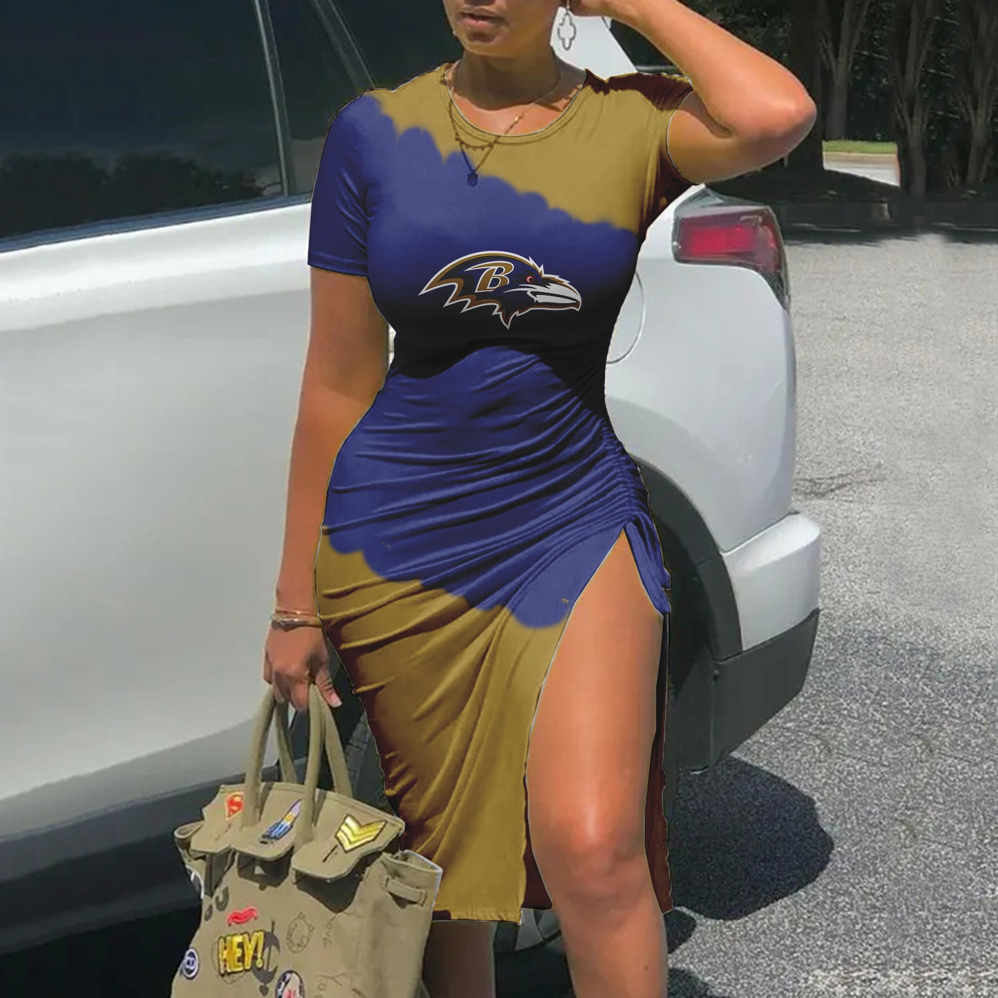 Baltimore Ravens Printed Drawstring Sexy Slit Dress