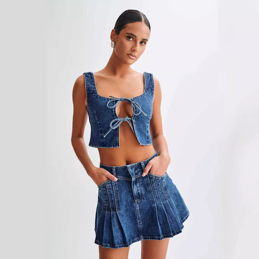 Fashion Personality Sleeveless Drawstring Top Denim Skirt Suit