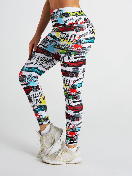 Car Graffiti Print High Waist Tight Sports Yoga Pants