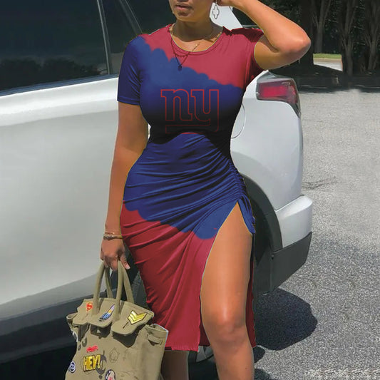 New York Giants Printed Drawstring Sexy Slit Dress