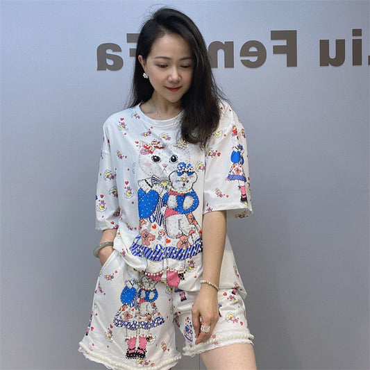 Blue Cat-hugging Beaded Short-sleeved Shorts Casual Suit