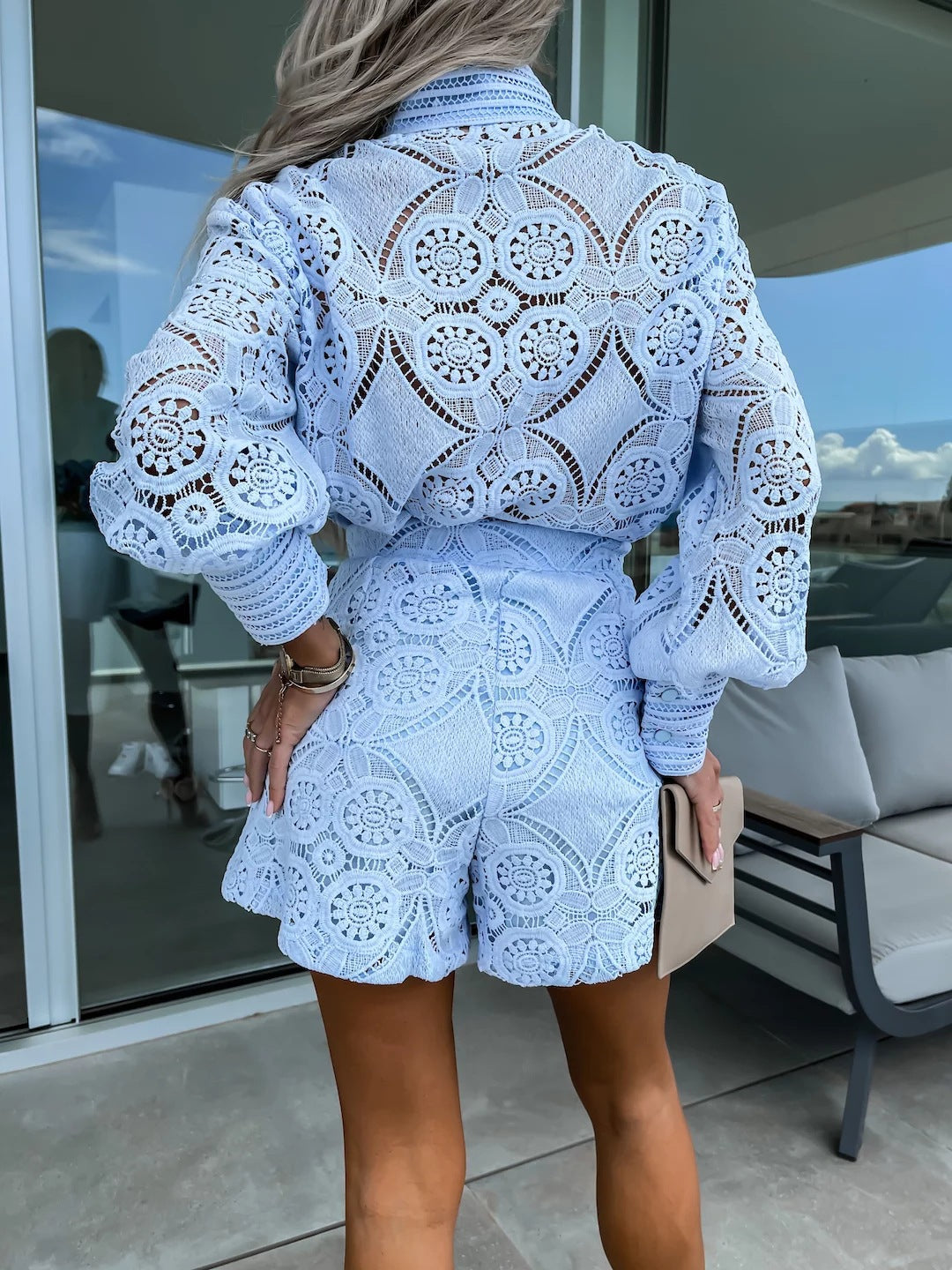 Casual Solid Color Single-breasted Stand Collar Lace Shorts Suit