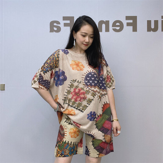 Square Floral Perm Short-sleeved Shorts Knitted Suit