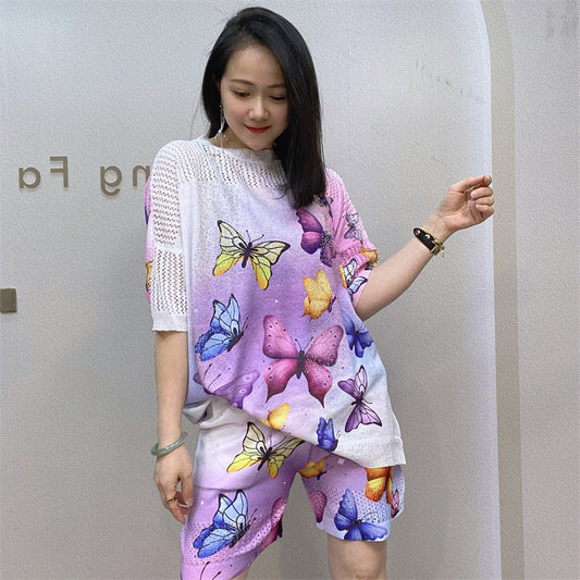 Colorful Butterfly Perm Knitted Short-sleeved Shorts Set