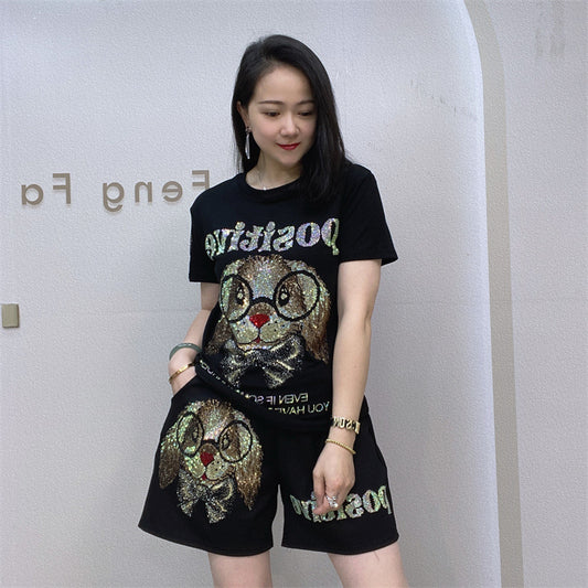 Glasses Stupid Rabbit Hot Diamond Short Sleeve Shorts Casual Suit