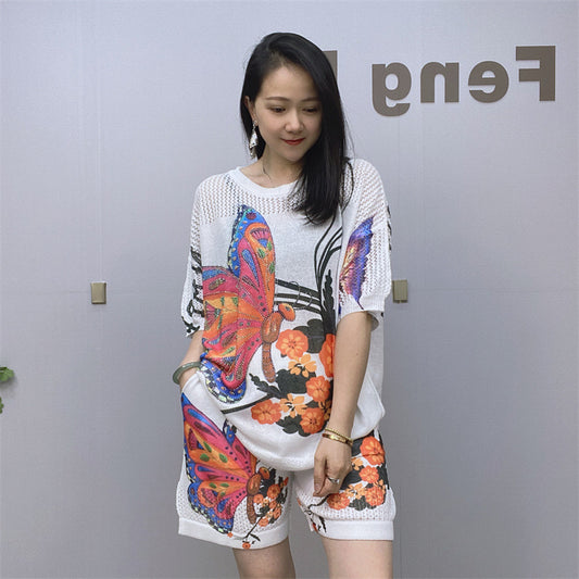 Large Butterfly Plum Blossom Hot Diamond Short-sleeved Shorts Knitted Suit