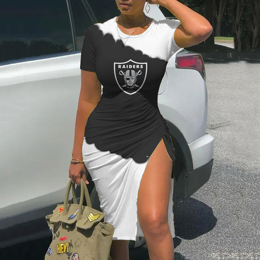 Las Vegas Raiders Printed Drawstring Sexy Slit Dress