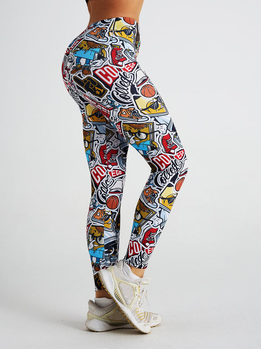 Cartoon Graffiti Print High Waist Sports Fitness Yoga Pants