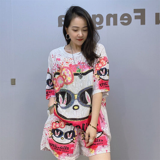 Glasses KK Cat Hollow Hot Diamond Short Sleeve Shorts Set