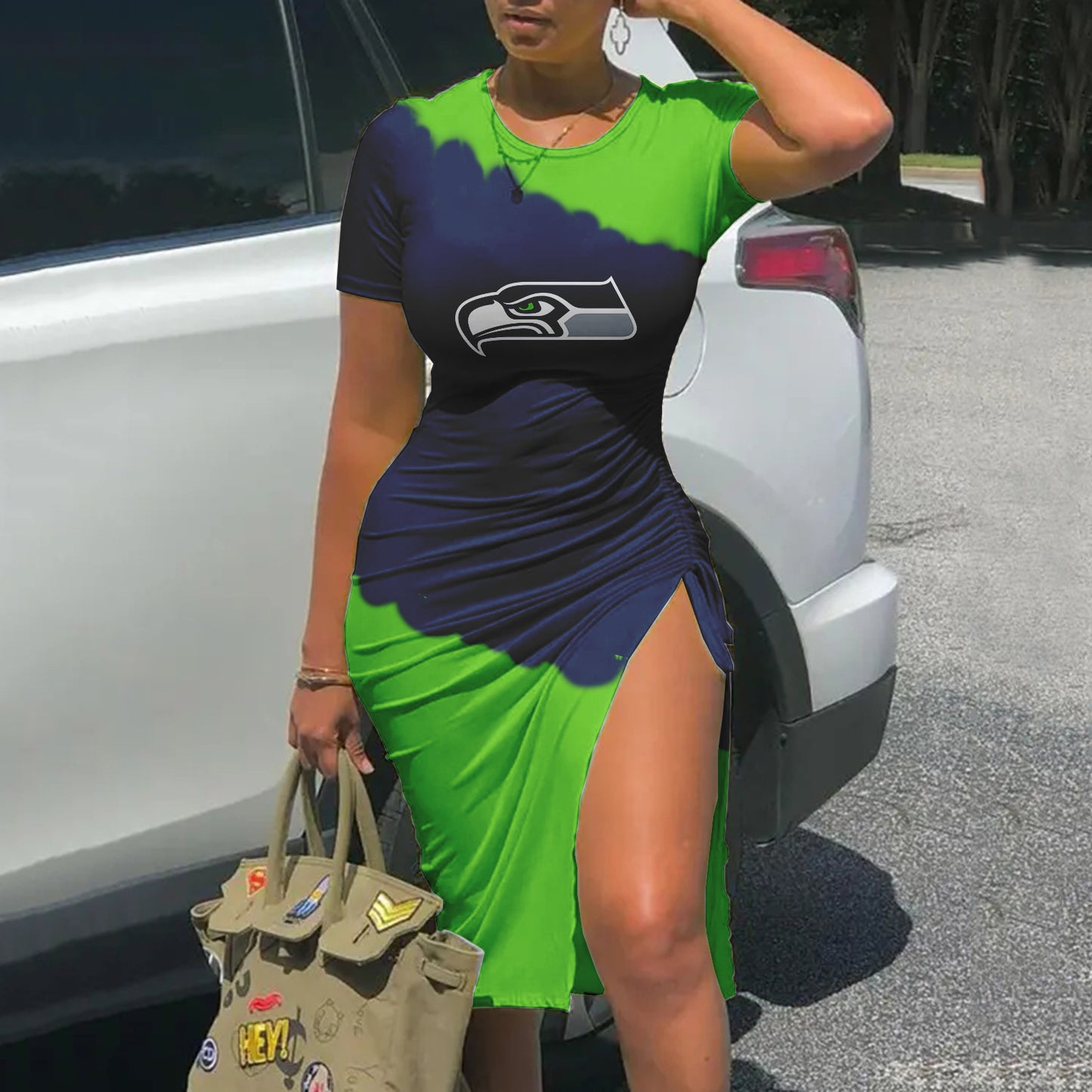 Seattle Seahawks Printed Drawstring Sexy Slit Dress